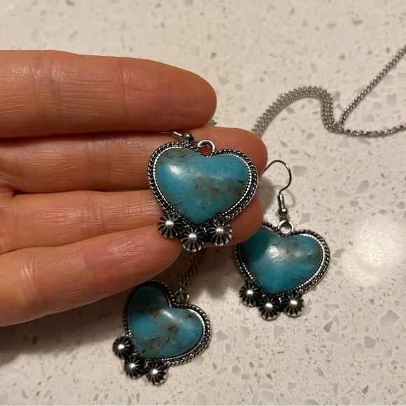 3 Pcs Fake Blue Turquoise Stone Decor heart Pendant Necklace Earring Jewelry Set - Picture 5 of 9